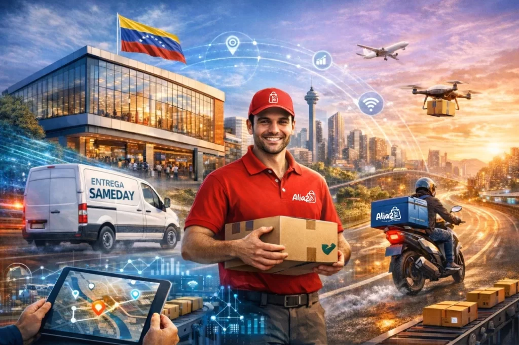 Repartidor de Alia2 To Go sosteniendo un paquete frente a un entorno logístico moderno en Venezuela. La imagen muestra una camioneta de 'Entrega Sameday', un motorizado, drones de reparto y una interfaz de tablet con tracking GPS sobre un fondo urbano con la bandera de Venezuela